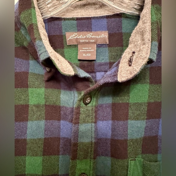 Eddie Bauer Men’s XL Flannel Shirt Blue Green Plaid-Like New - Picture 4 of 8